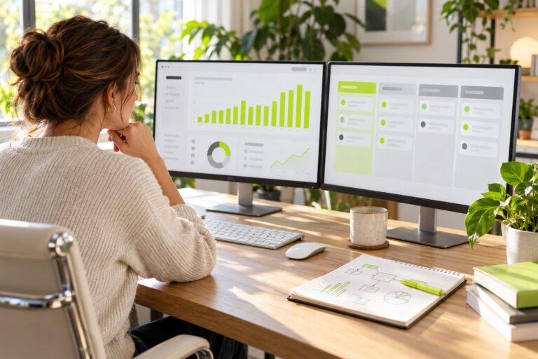Marketing analyst comparing an ad dashboard with a CRM pipeline on two monitors, lime charts on screen