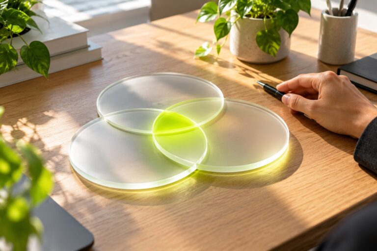 Three overlapping frosted-glass discs on an oak desk, the shared center glowing lime like a Venn diagram of SEO, AEO and GEO