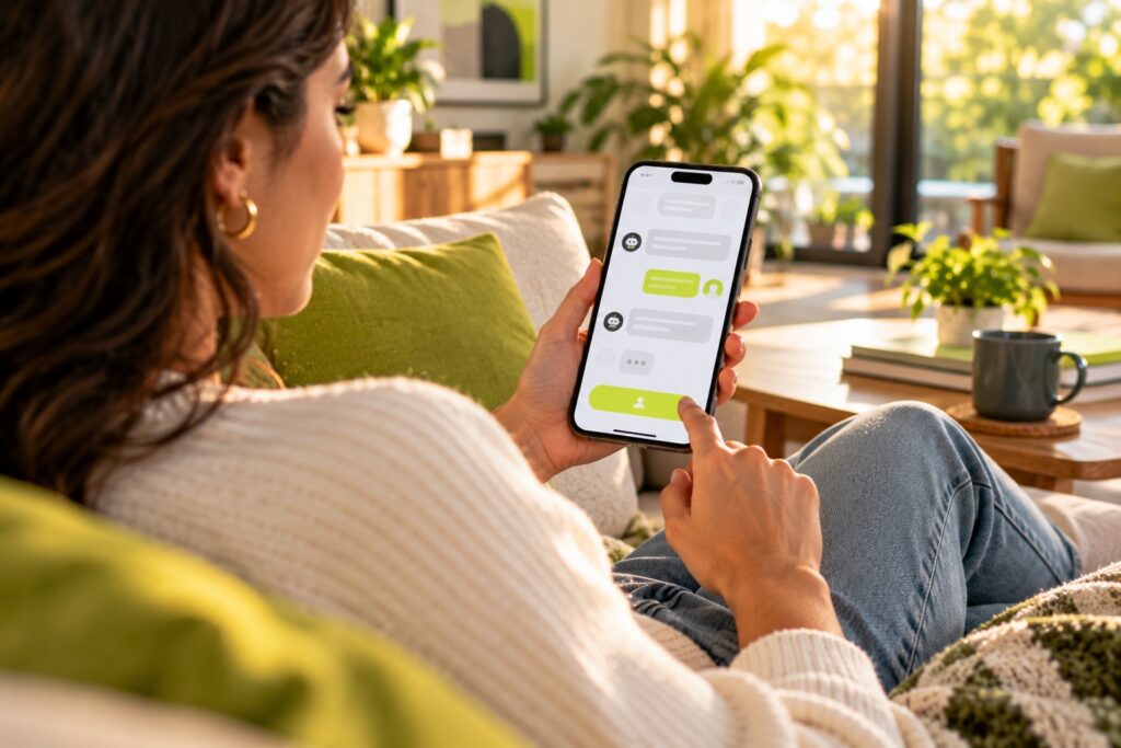 A customer on a sofa in the evening chatting with a website chat widget on a phone
