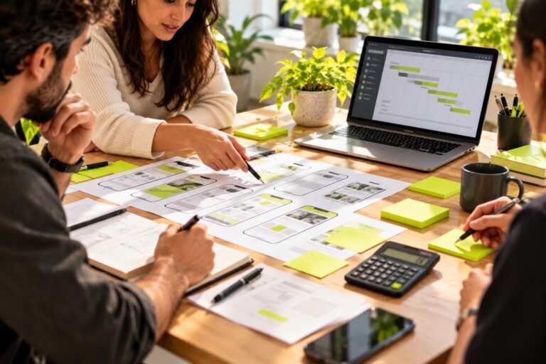 An app team planning around a table with printed phone-screen wireframes, a calculator and lime sticky notes
