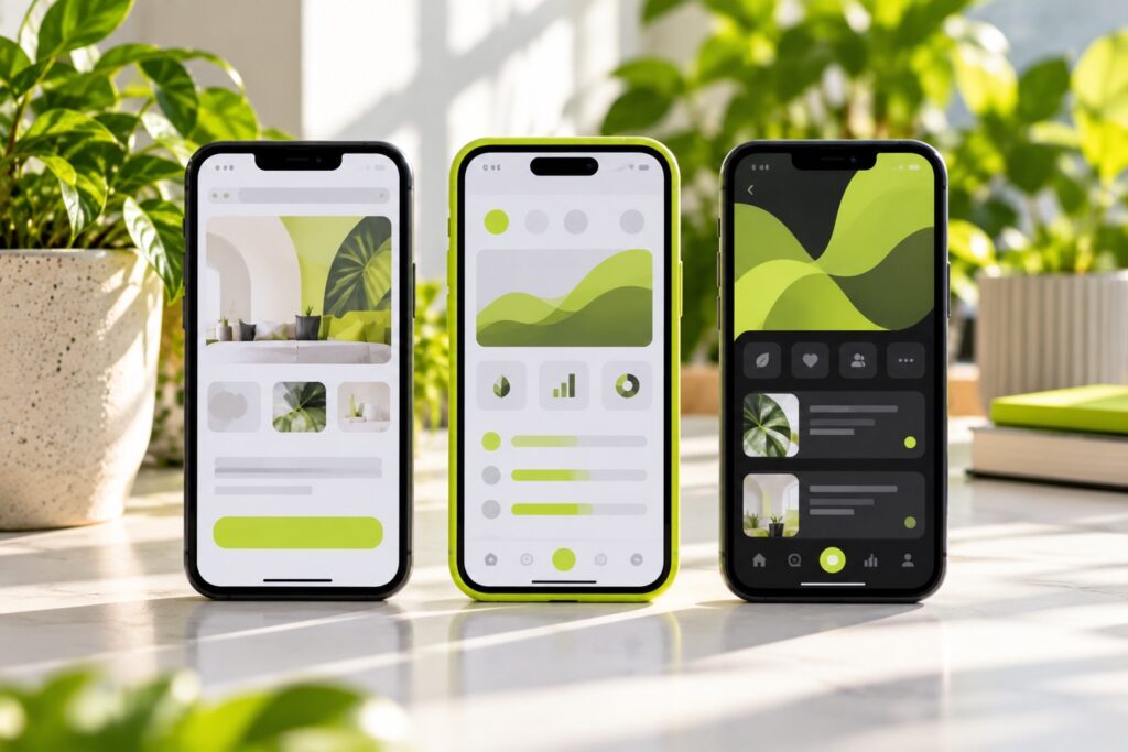 Three smartphones showing a mobile website, a web app and a native app, the middle one in a lime case