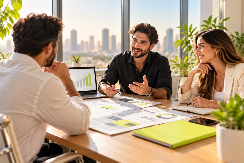 Business owner meeting two agency strategists to review proposals in a bright office