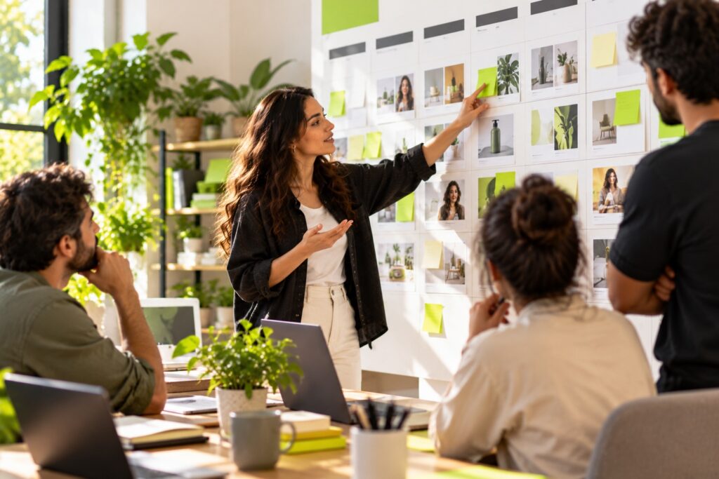 A marketing team in a workshop at a white wall covered in a content calendar of sticky notes, a few in lime