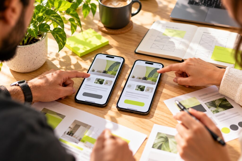 Two smartphones side by side on a light wooden table showing two versions of the same landing page