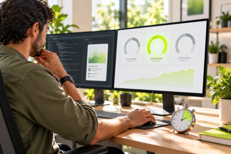 Web developer reviewing a performance dashboard with three gauges, the fastest glowing lime, next to a stopwatch