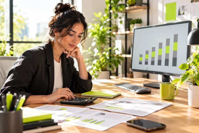 A marketing director at a desk with a calculator and a monitor showing stacked bar charts, one segment in lime