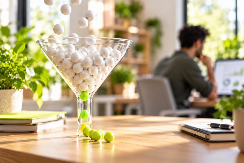 Glass funnel with many white spheres going in and a few lime spheres coming out, showing conversion rate