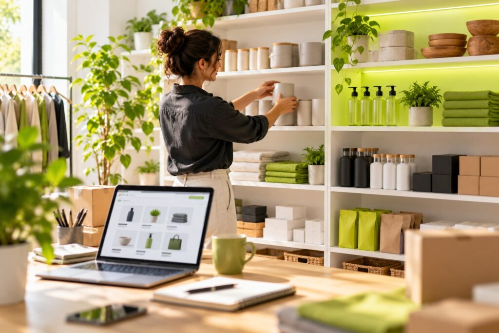 E-commerce manager organizing products into category groups on white shelves beside a laptop