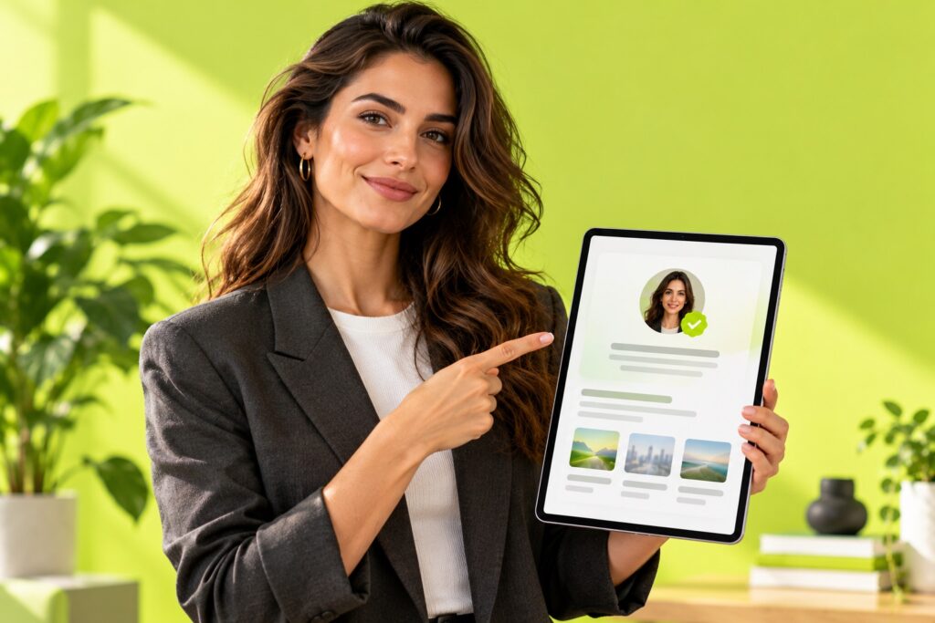 Confident expert in a charcoal blazer holding a tablet showing an author profile with a lime verification badge