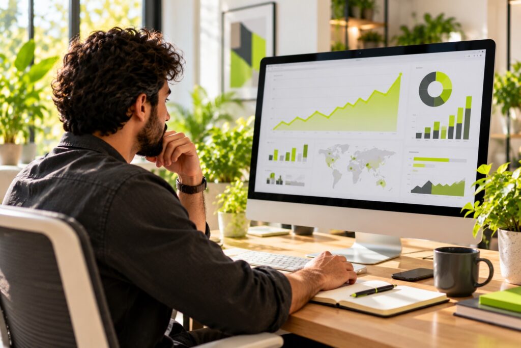 An analyst in a bright office at a large monitor showing an analytics dashboard of charts with no readable text