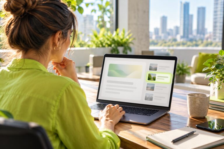 Marketing strategist in a sunlit office reviewing an AI answer on a laptop, with one cited source card highlighted in lime