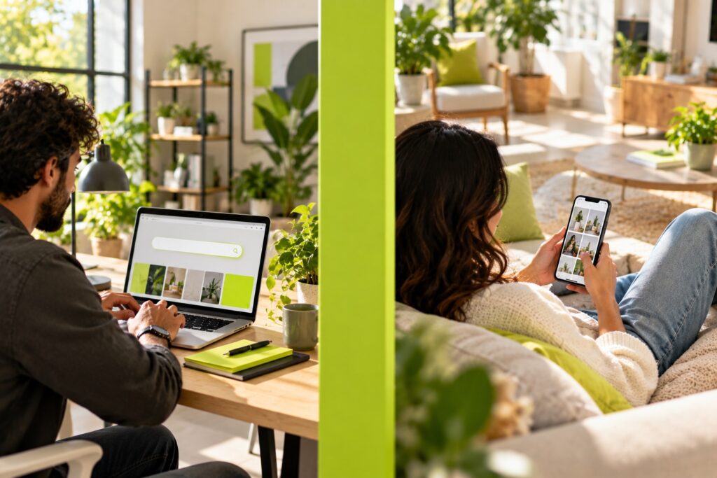 Single frame split by a lime light beam: on the left a person typing a search on a laptop at a desk