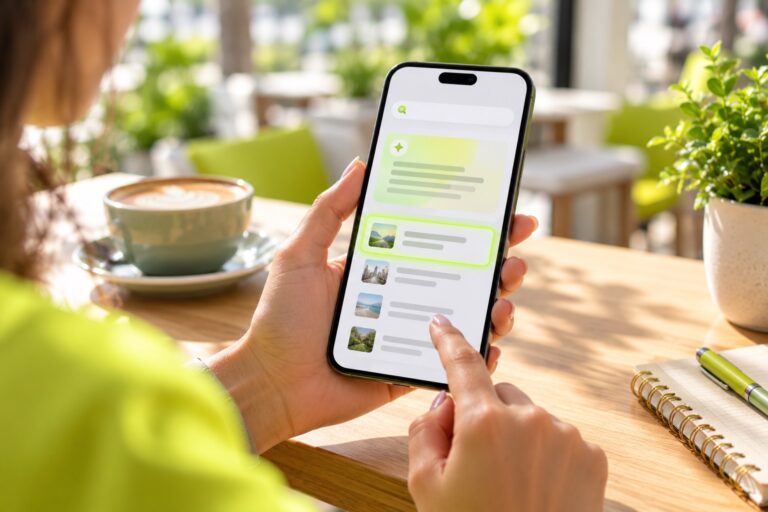 Close-up of a hand holding a smartphone above a light wooden café table in daylight