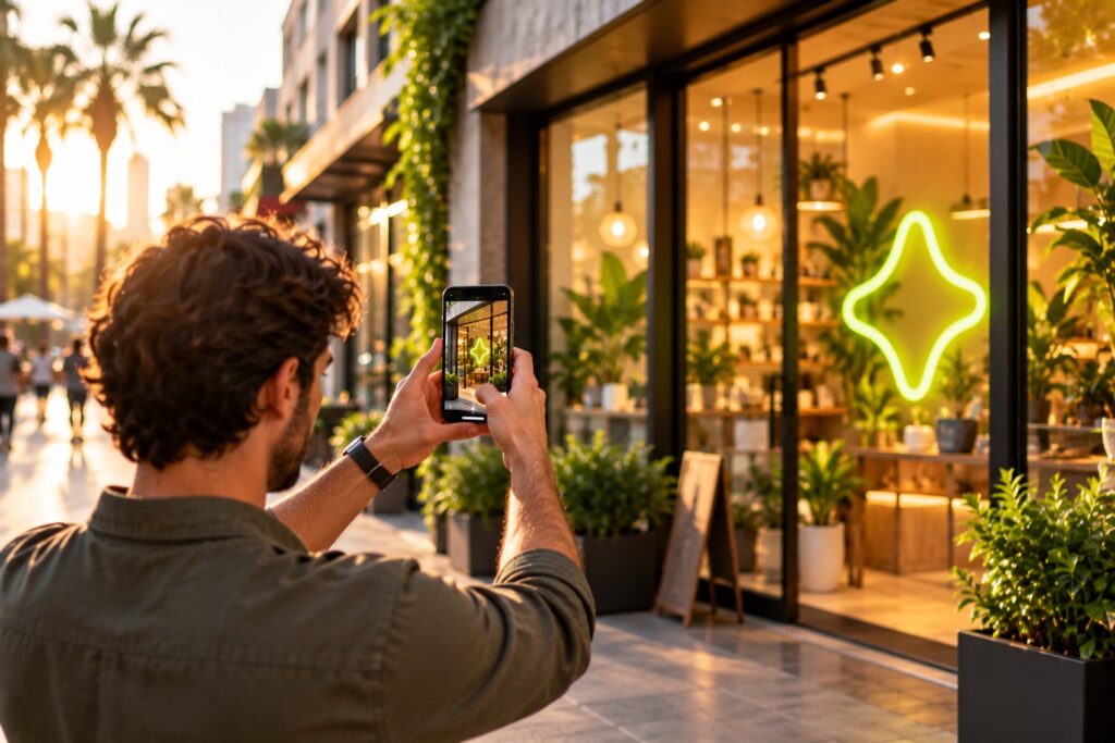 A small-business owner photographing their own storefront with a smartphone at golden hour