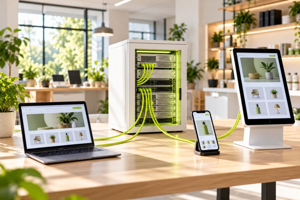 White server cabinet linked by lime cables to a laptop, phone and kiosk, showing headless commerce