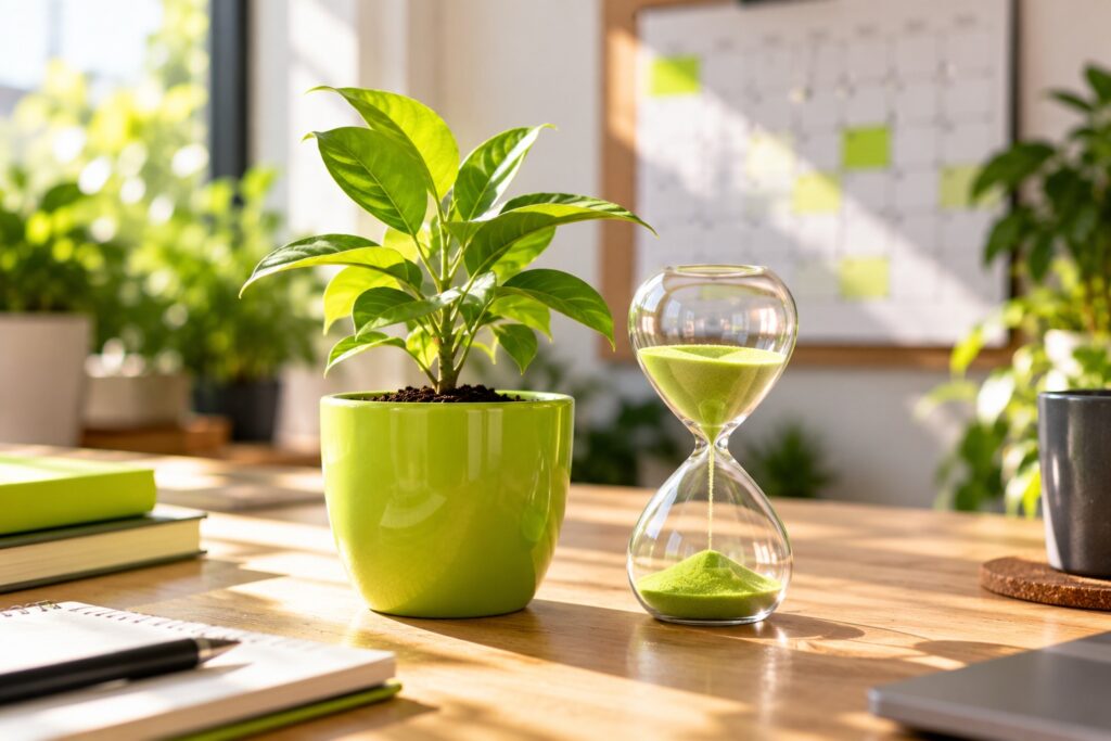 Young sapling in a lime-green pot beside an hourglass in morning sun, a metaphor for how long SEO takes
