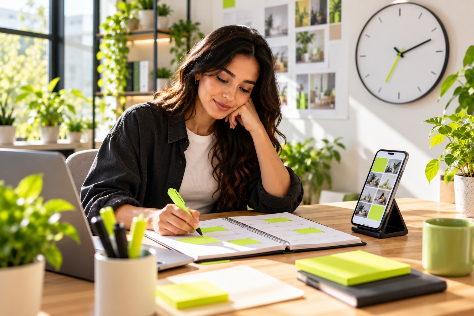 A social media manager at a desk with an open weekly planner, phone on a stand and a minimalist wall clock