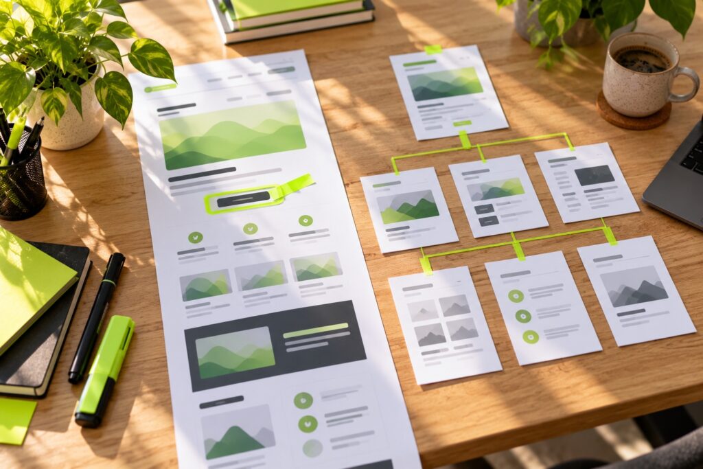 One long single-column landing-page printout beside a multi-page sitemap made of small printed page cards