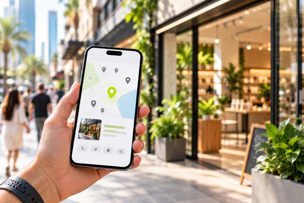 A smartphone held up in front of a modern shopfront in daylight