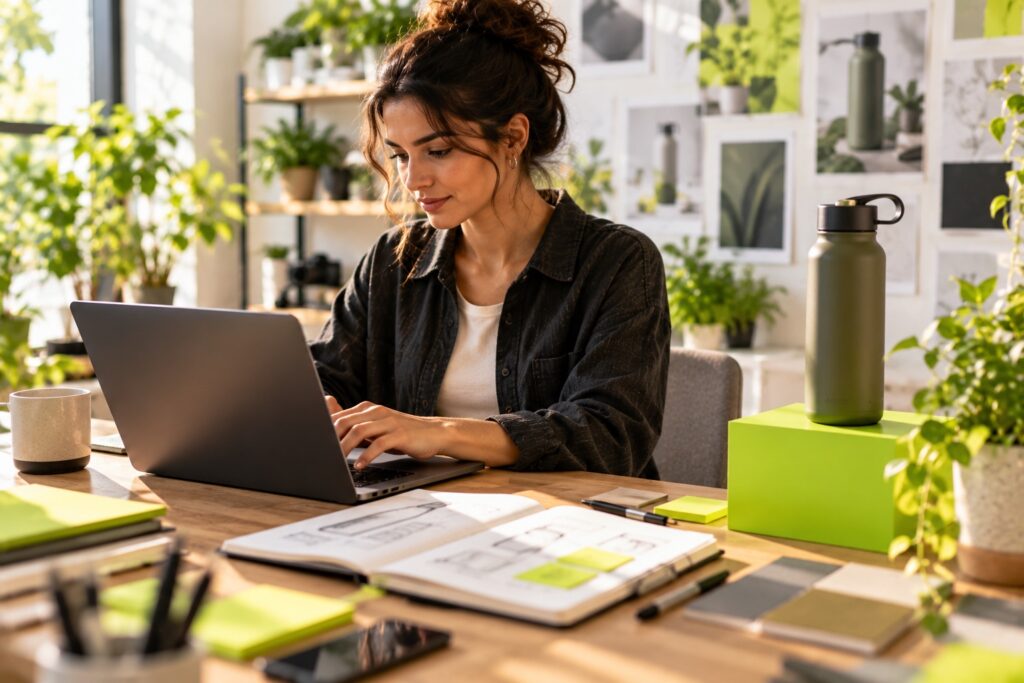 A copywriter typing on a laptop beside a sleek reusable water bottle on a lime-green pedestal in a bright studio