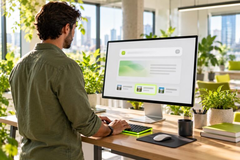 Founder at a standing desk asking an AI assistant a question, the answer showing small citation chips