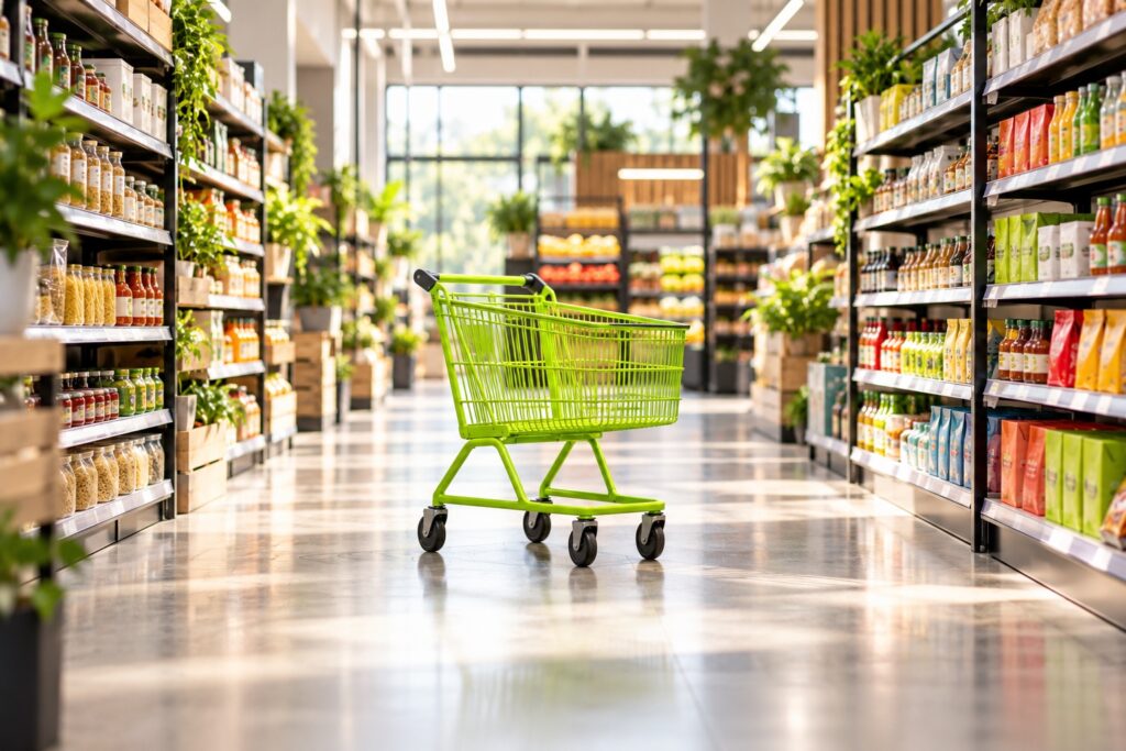Lime-green shopping cart left alone in an empty supermarket aisle, a metaphor for cart abandonment