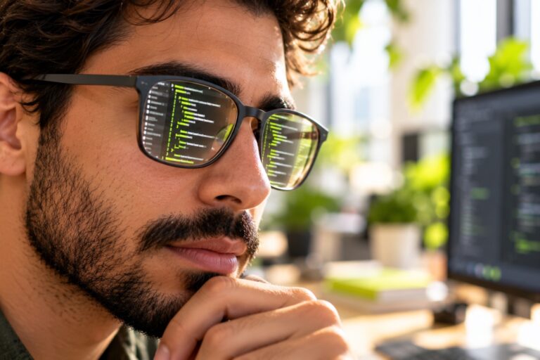 Close-up of a developer's glasses reflecting a code editor full of nested structured-data blocks