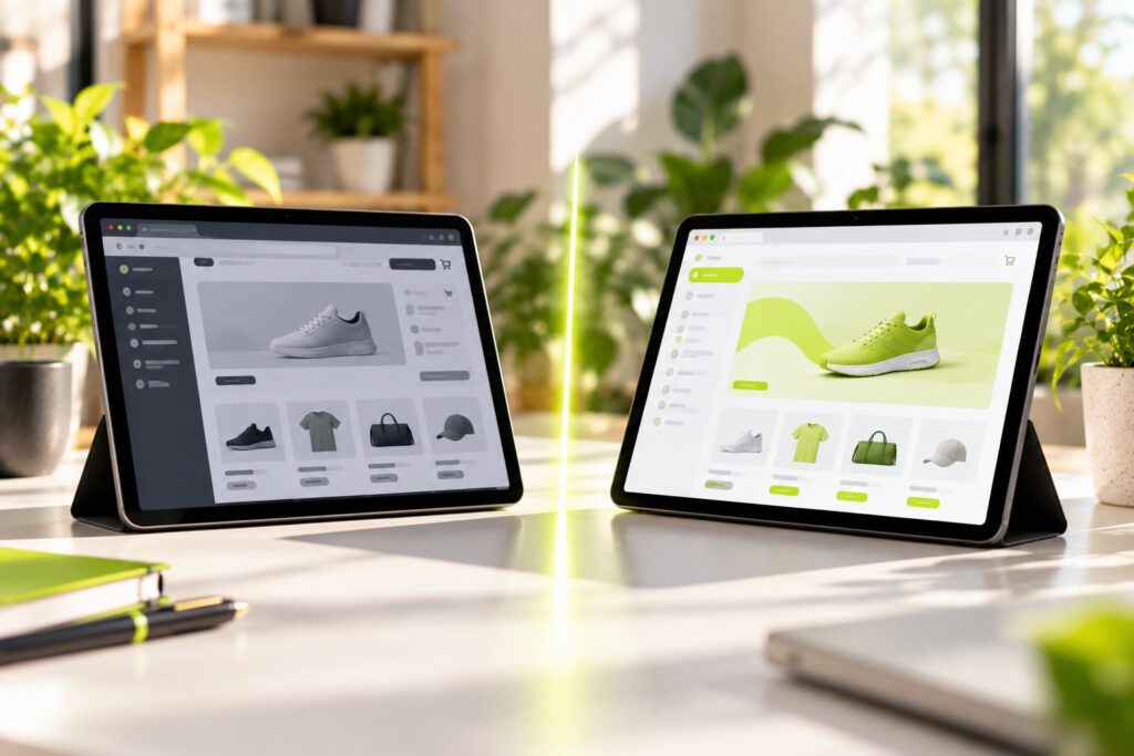 Two tablets facing each other with different online store dashboards, divided by a thin lime line