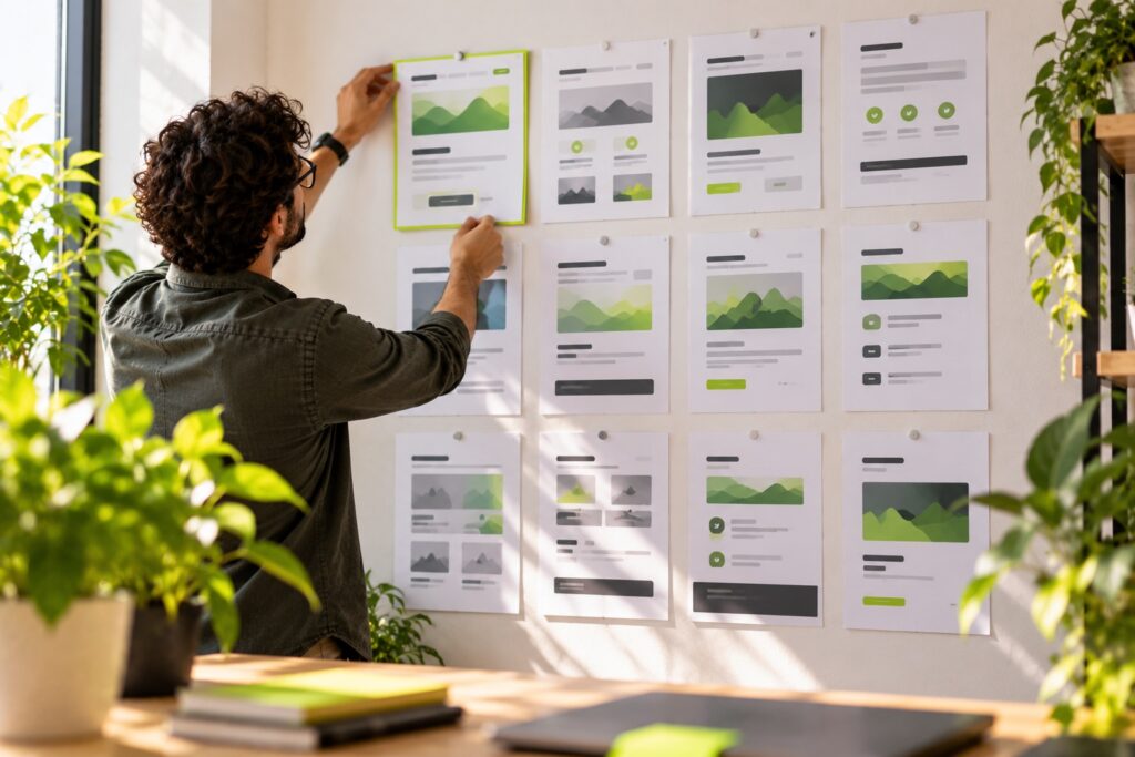 A strategist arranging twelve printed web-page mockups pinned in a 4×3 grid on a white studio wall