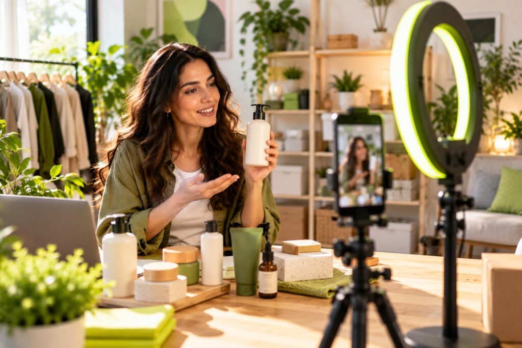 Creator hosting a live shopping stream with a phone on a tripod and a lime ring light