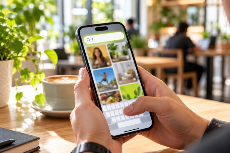 Close-up of a thumb typing into the search bar of a social video app (no logos) on a phone