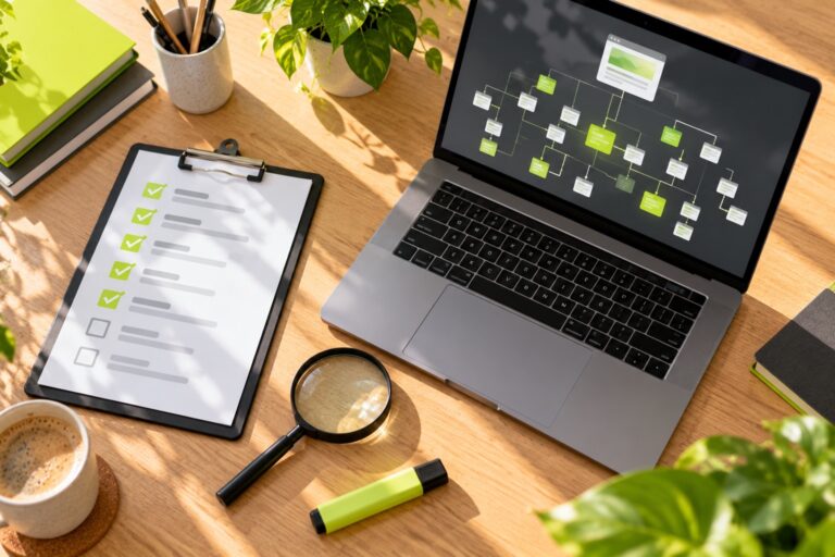 On a light oak desk: clipboard with an unreadable checklist, laptop showing an abstract site-crawl node diagram, a