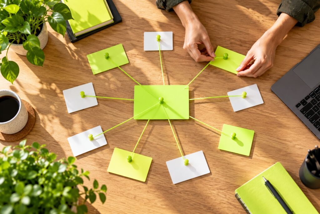 Central card connected by lime threads to smaller cards, a hub-and-spoke topic cluster map