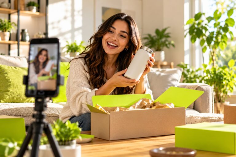 A customer at home filming a selfie unboxing video of a product with lime packaging accents