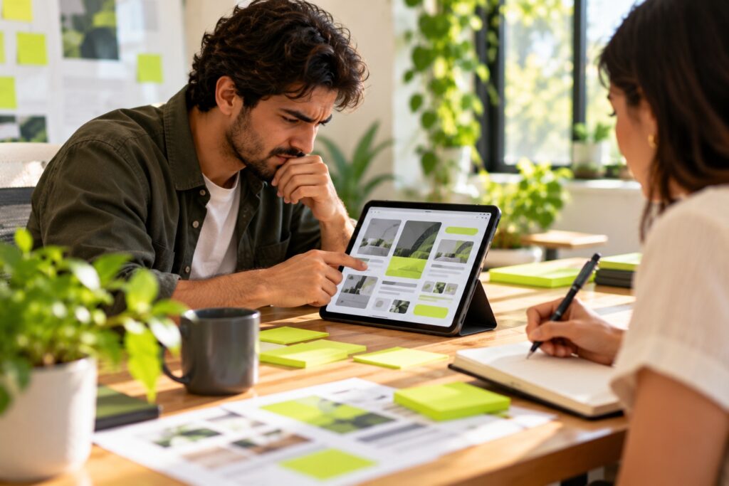 A usability test session: a participant frowning at a cluttered tablet interface while a researcher takes notes
