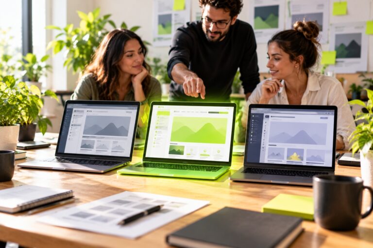 Three laptops on an oak table showing different website builders, the middle one highlighted in lime