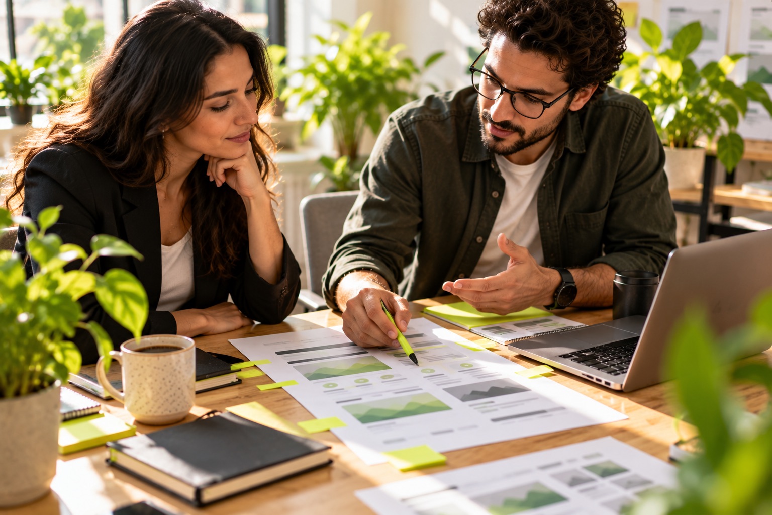 Client and agency strategist reviewing a printed website brief marked with lime sticky tabs