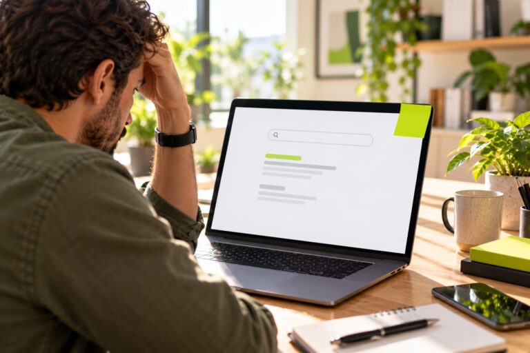 A concerned business owner at a laptop in a bright home office, screen showing an almost empty search results page