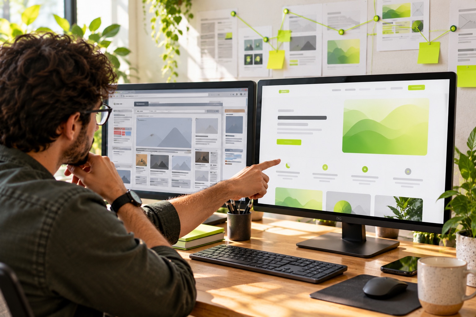 Designer comparing an old cluttered website with a clean lime-accented redesign on two monitors