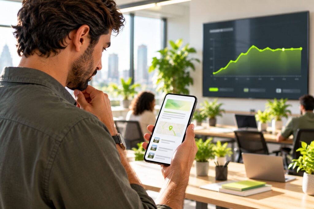 Business owner reading an answer card on a phone while a wall chart shows website traffic flattening in lime